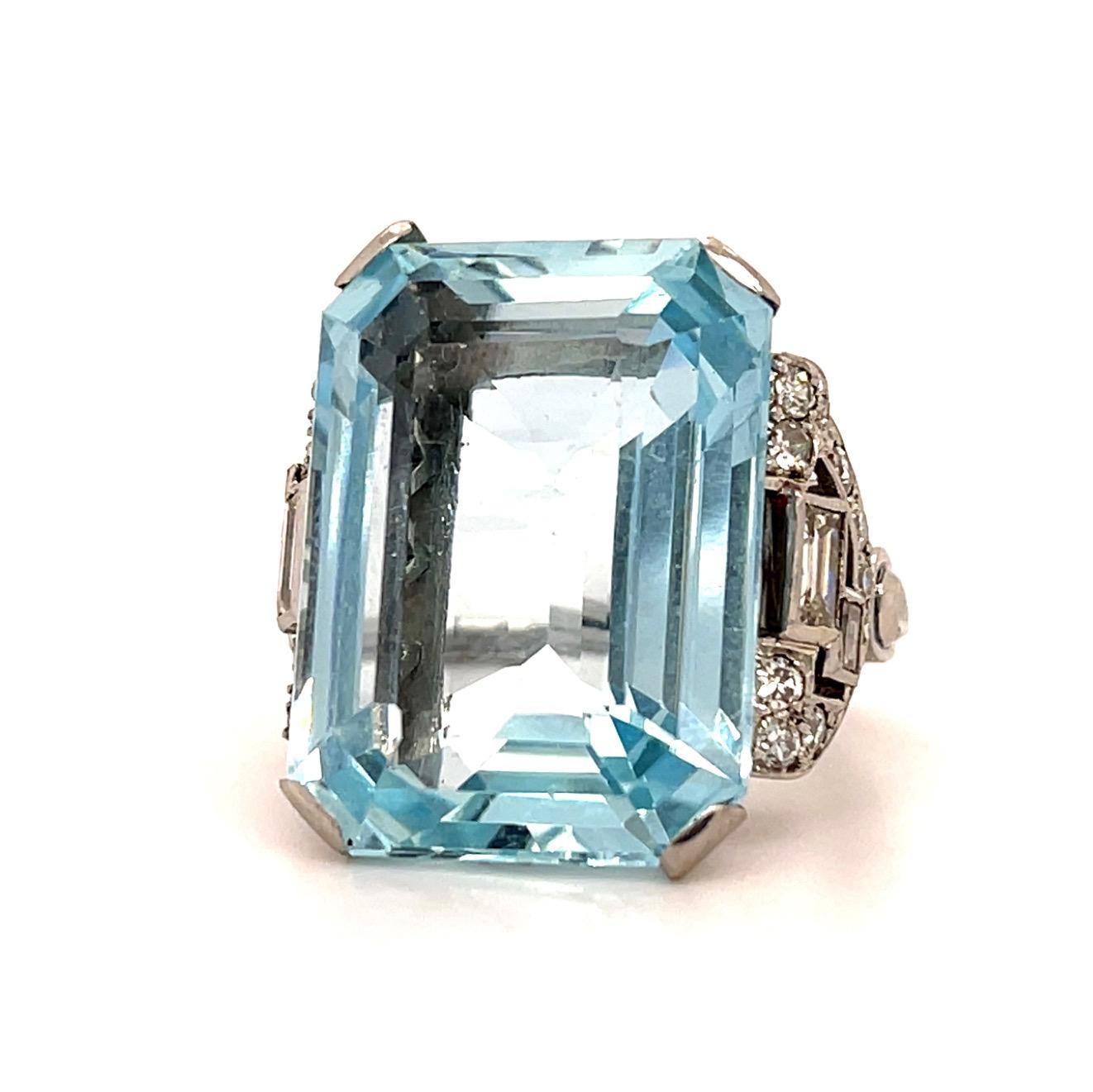 Original Art Deco 30ct Aquamarine 1.10ct Diamond Handmade Platinum Ring 15.62g 7