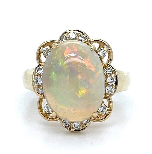 4.10ct Australian Opal 14KY Ring .16ct Diamond 5.89g 6.50 Size