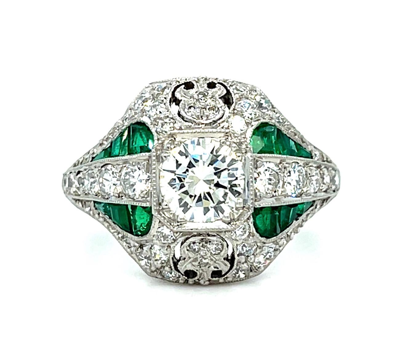 .79ct Round Brilliant Diamond 1.20ct Emerald Platinum Handmade Ring 1.60ct SD