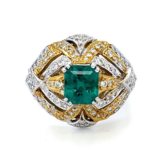 1.19ct Emerald 1.64ct Diamond 18KY Two Tone Ring