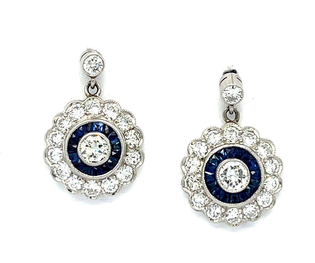 .30ct Round Brilliant Diamonds .46ct Sapphires Platinum Handmade Earrings 4.90g