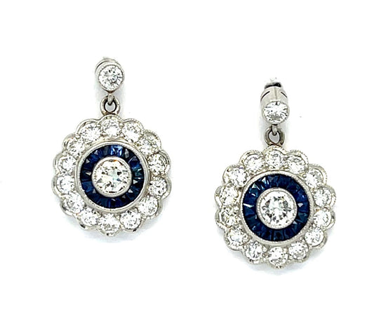 .30ct Round Brilliant Diamonds .46ct Sapphires Platinum Handmade Earrings 4.90g