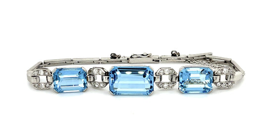 Art Deco 16.50ct Aquamarine Platinum Bracelet (Vintage c 1930s) .75ct Diamonds