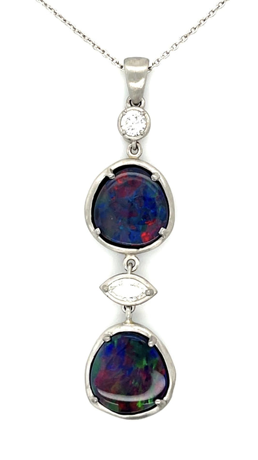 4.47ct+3.48ct Lightning Ridge Australian Black Opal .51ct Dia PT Pendant 10.10g