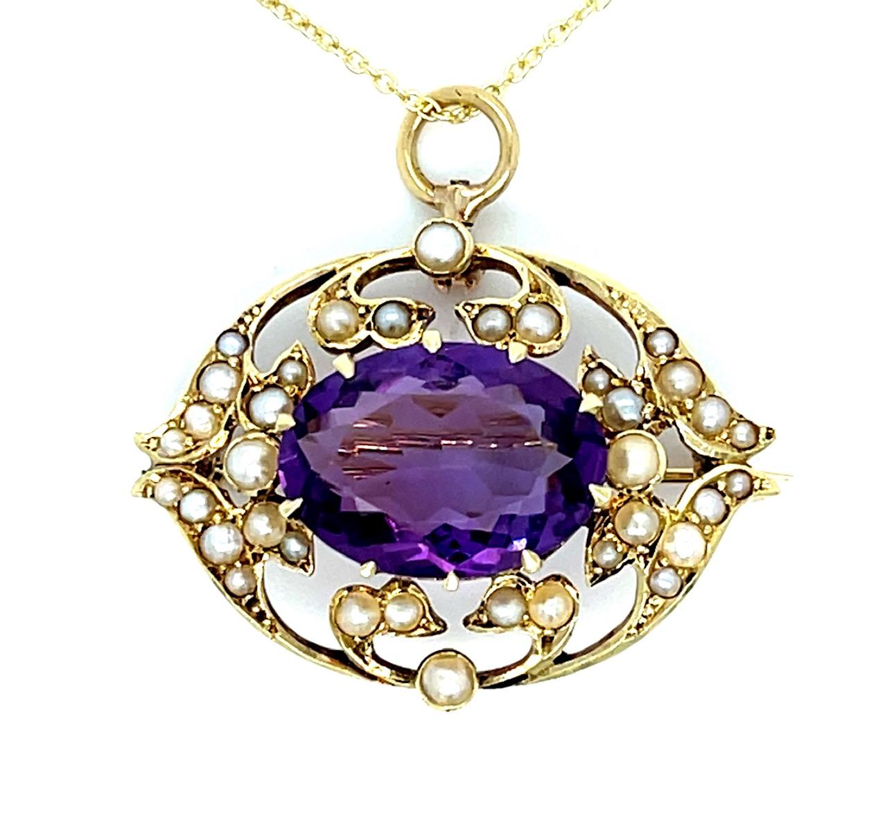 Victorian 10.50ct Amethyst Sea Pearl 14KY Pendant (Antique 1880s) 14KY Chain 18"