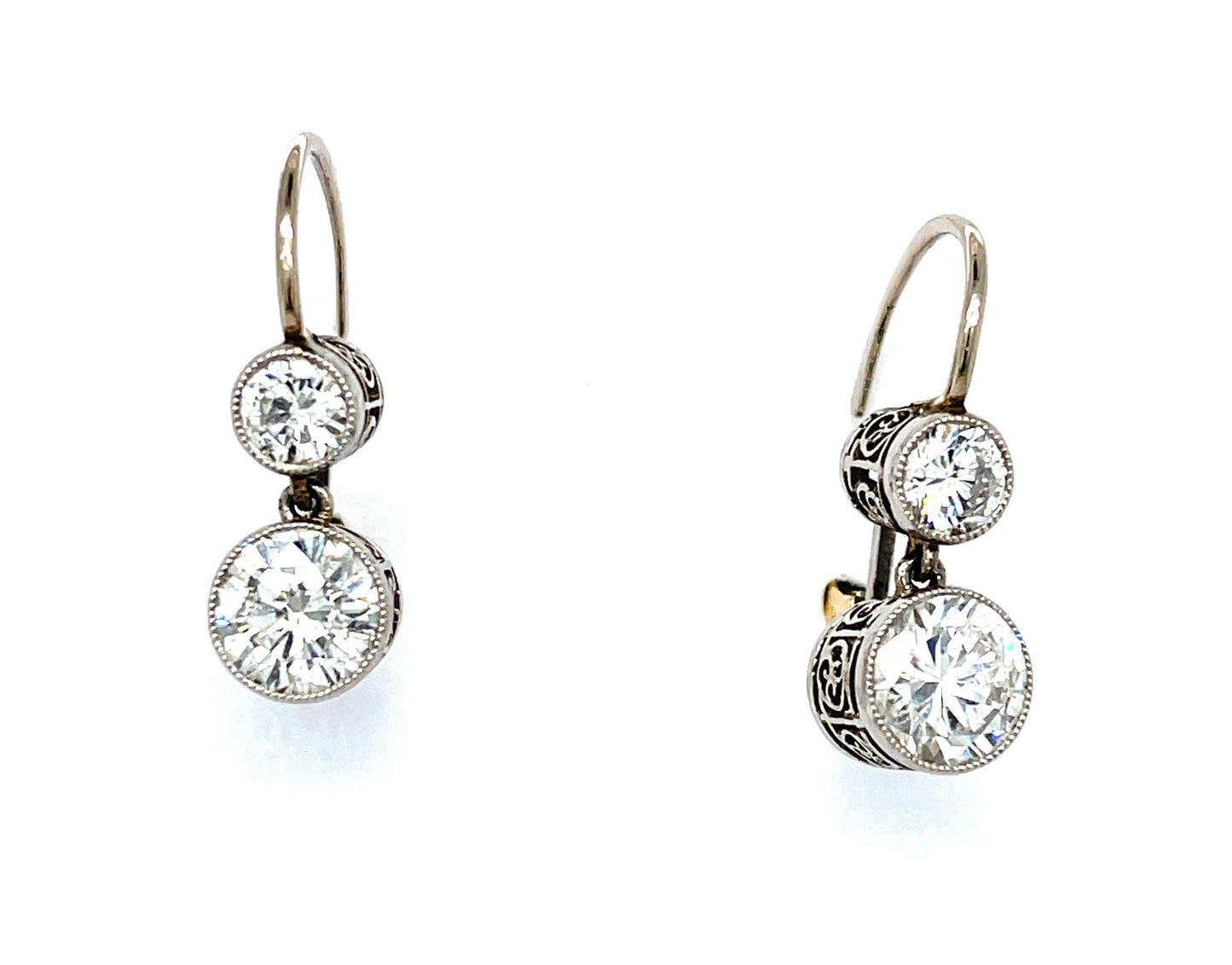 1.94ct Round Brilliant Diamonds (Two Center Stones) .57ct SD Platinum+14KY Handmade Earrings