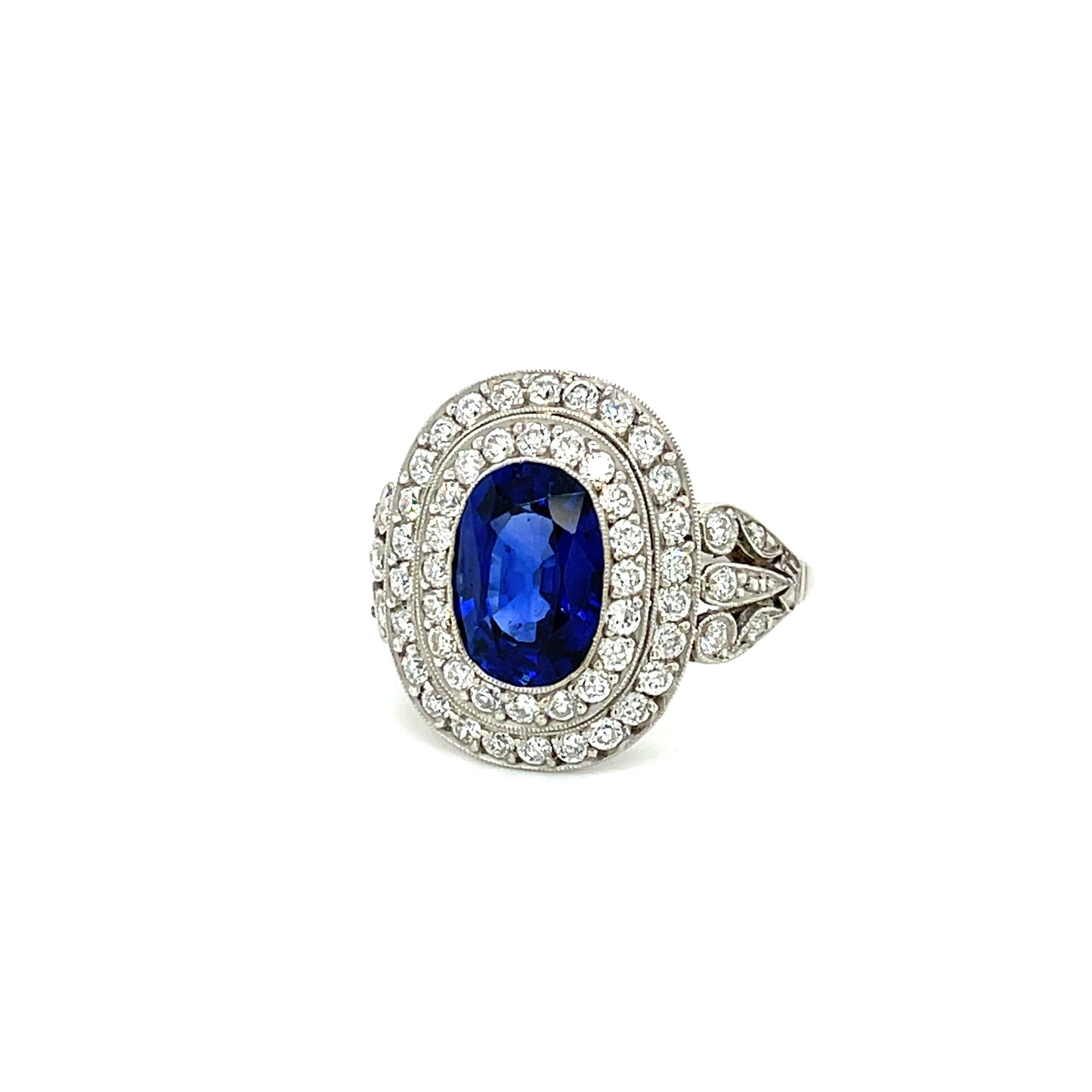 2.64ct GIA Sri Lanka Heated Blue Oval Sapphire 1ct Old European Cut Diamonds (60 Stones) Platinum Handmade Ring