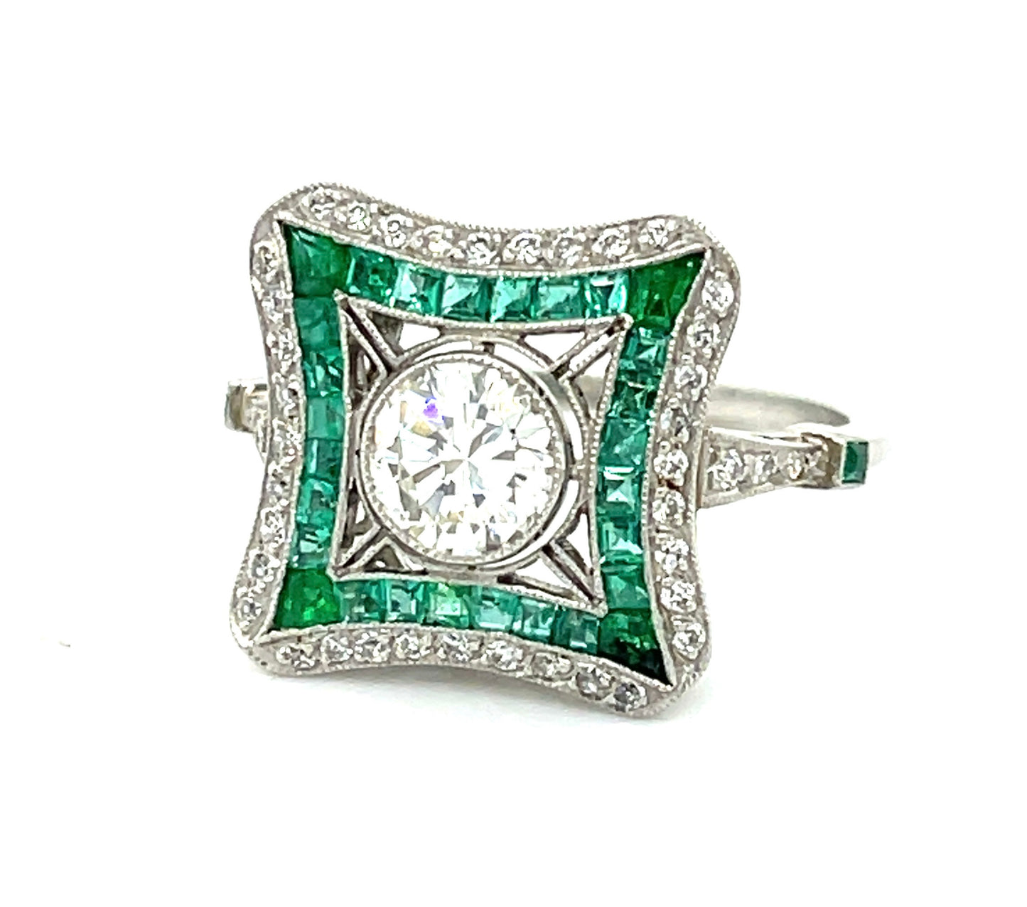 .72ct Round Brilliant Diamond .90ct Calibre Emeralds .66ct SD Platinum Handmade Ring