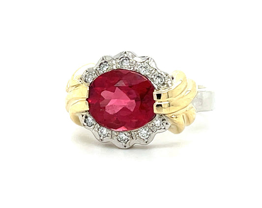 2.38ct Rubellite Tourmaline .30ct Diamonds 18K Two Tone Estate Ring (Circa 1980s)