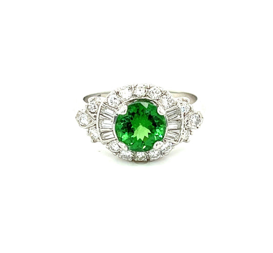 1.44ct Tsavorite Garnet Round .86ct Diamonds Platinum Vintage Ring (Circa 1960s)