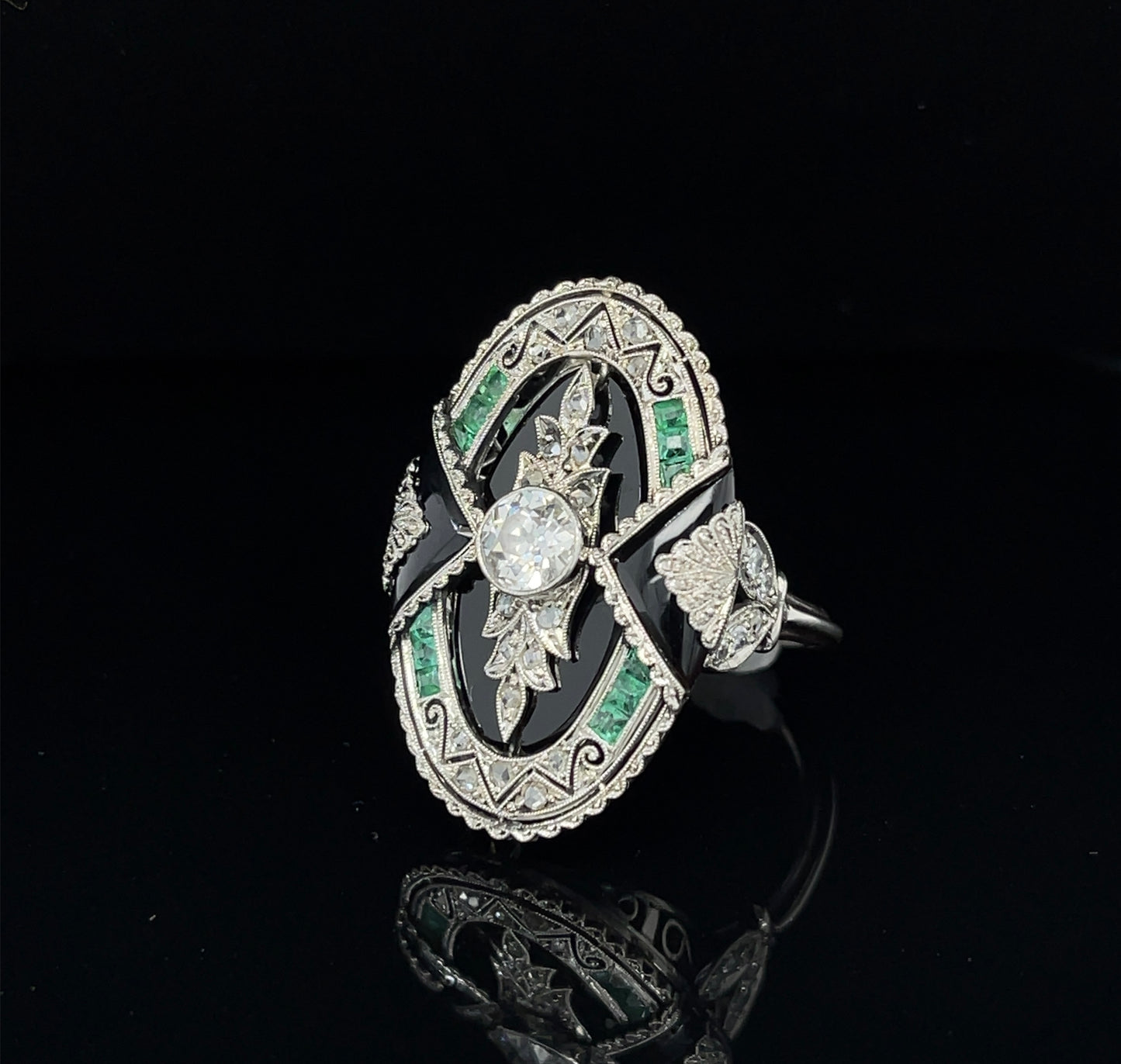 Art Deco (Circa 1920s) .60ct Old European Cut Diamond .75ct Calibre Emerald & Onyx Platinum Antique Ring