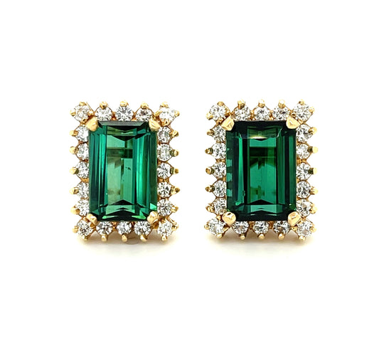 8.50ct Green Tourmaline .90ct Diamond 14KY Vintage Earrings (Circa 1970s)