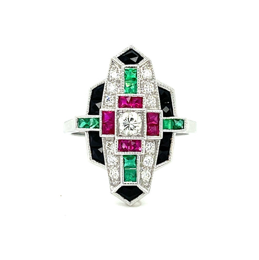 .26ct Diamond .66ct Ruby .50ct Emerald & Onyx 18KW Ring