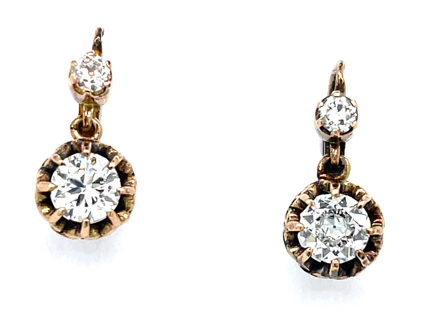 Victorian (Circa 1870s) 1.26ct European Cut Diamonds (Two Stones) .24ct SD 18KY Antique Drop Earrings