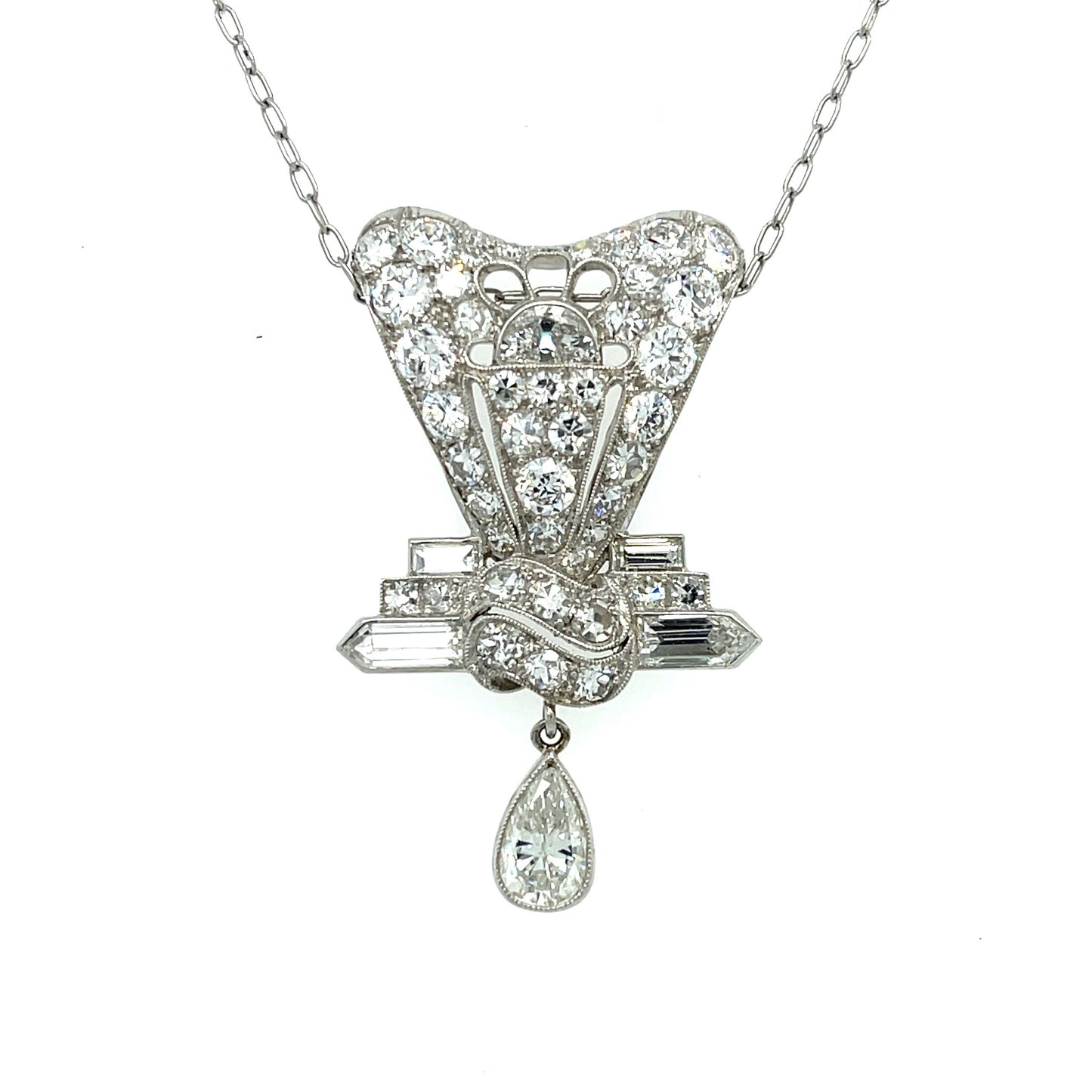 Art Deco (Circa 1920s) .40ct Pear Shaped Diamond 2.20ct Half Moon, Baguette & Bullet Side Diamonds Platinum Antique Pendant