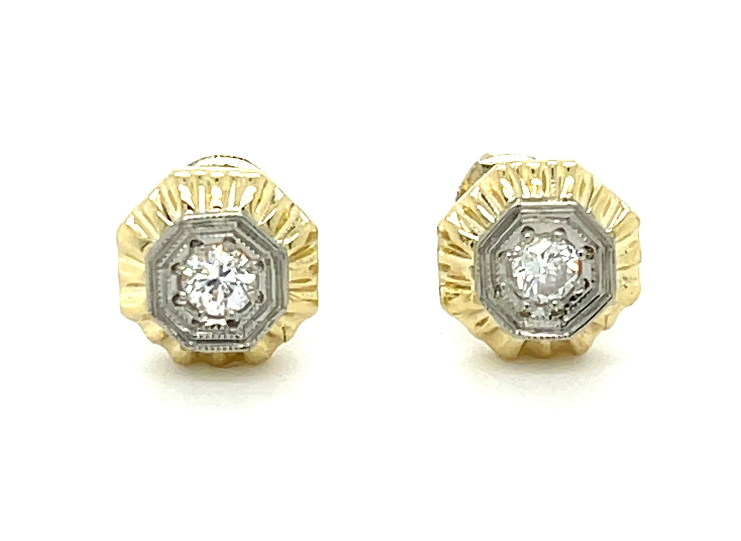 .20ct Round Brilliant Diamonds 14KY Two Tone Gold Vintage Style Earrings with Screw backs