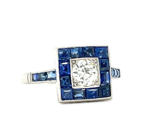 .46ct Old European Cut Diamond 2ct Calibre Blue Sapphires Platinum Handmade Ring
