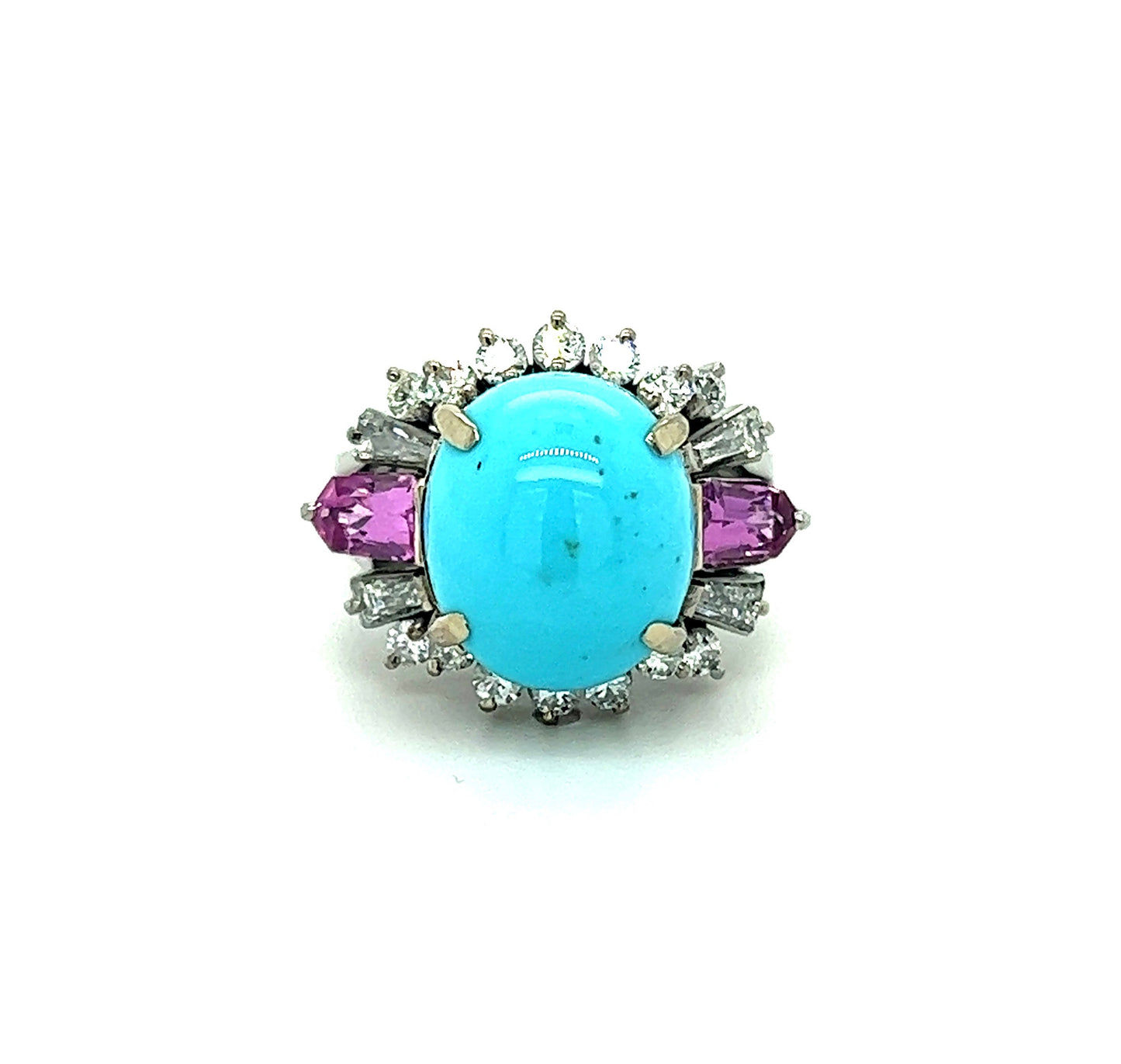 6ct Turquoise 1ctw Pink Sapphire 1ctw Diamond Platinum (Circa 1960s) Ring