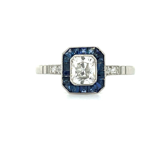 .55ct Radiant Cut Diamond .85ct Calibre set French cut Sapphires .10ct Diamonds Platinum Handmade Ring