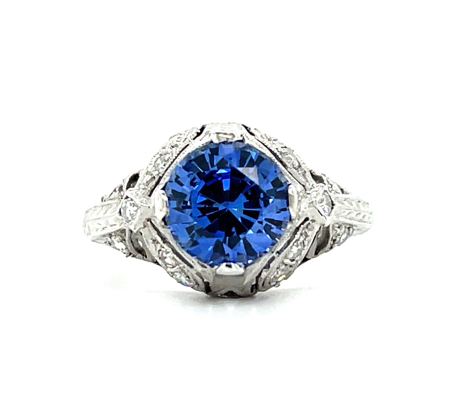 Art Deco (Circa 1920s) 2.91ct Sapphire .42ct Diamonds Platinum Handmade Antique Ring