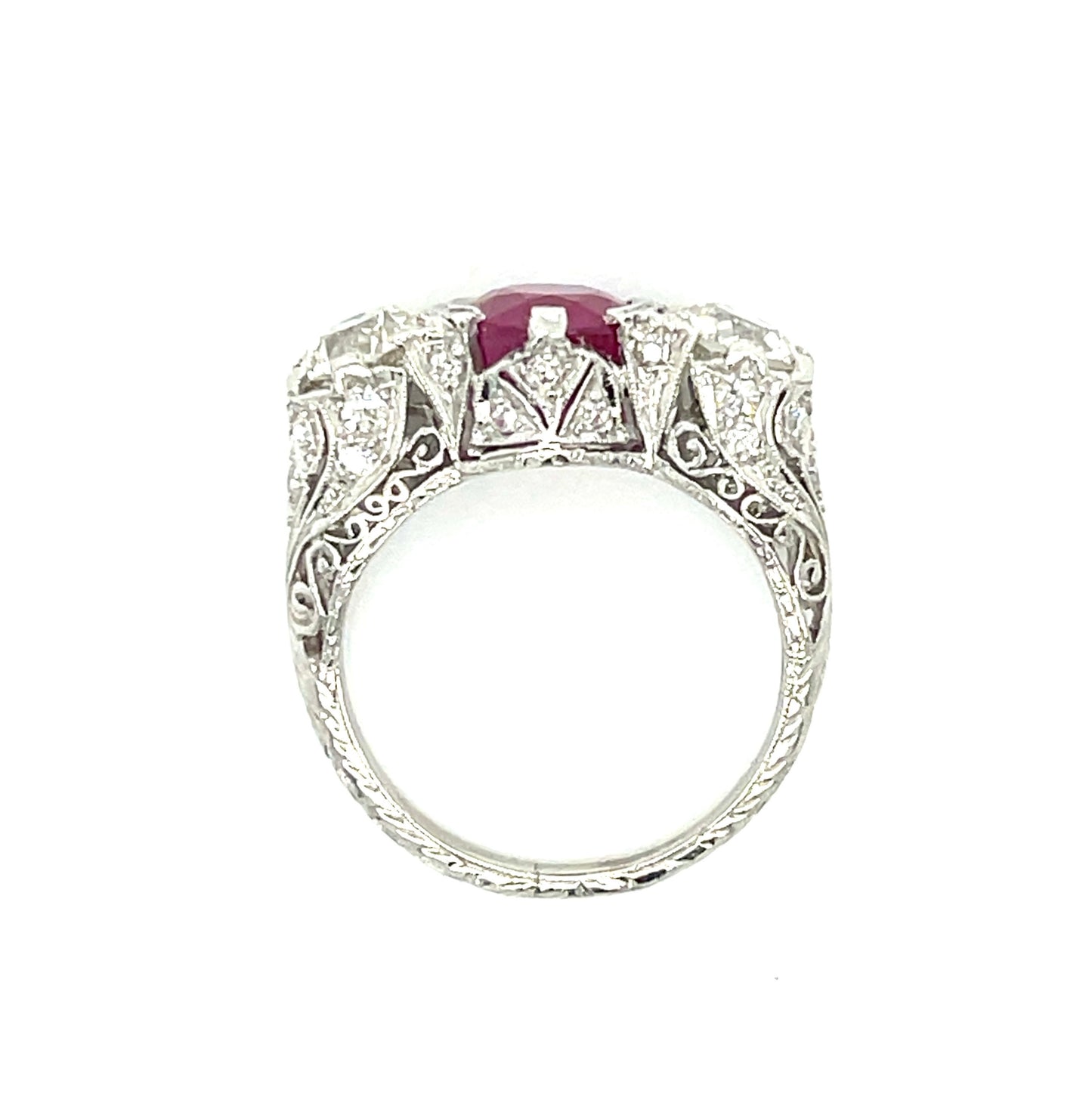 Art Deco (Circa 1920s) 2.37ct Ruby GIA Burma Heated (Minor Residues) .84ct Old European Cut Diamond GIA I VS1 .87ct Old European Cut Diamond GIA K SI1 Platinum Antique Ring