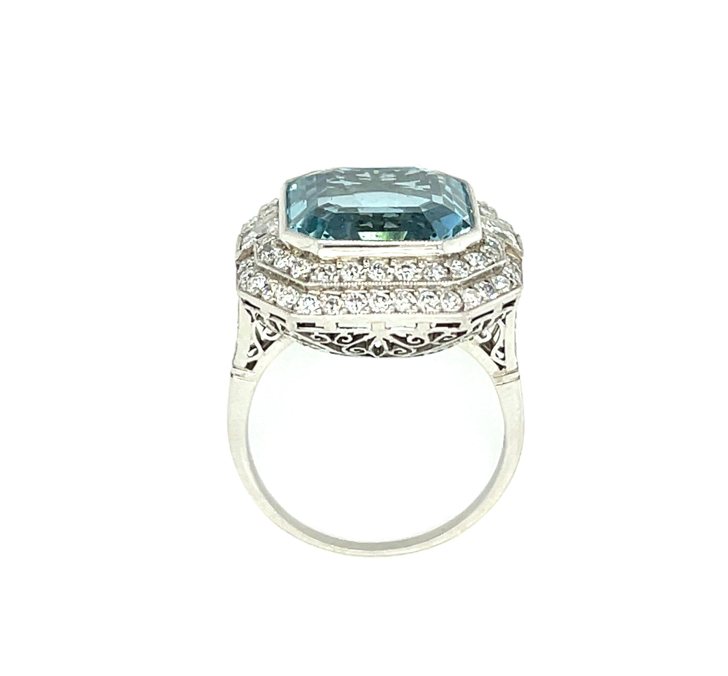 9.90ct Aquamarine .30ct French Cut Two Diamonds .96ct SD Platinum Ring