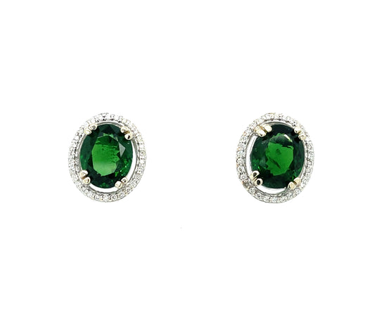 4.75ct Green Tourmaline Oval Shape .22ct Diamonds (60 stones) 14KW Stud Earrings