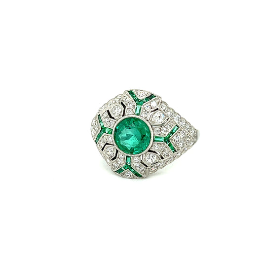 1.14ct Emerald Round .91ct SD .40ct Side Emeralds Platinum Handmade Ring