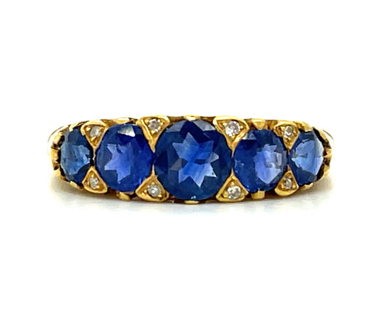 1.30ct Blue Sapphires .08ct Diamonds 15K Antique Ring (Circa 1910s)