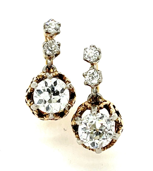 Edwardian (Circa 1900s) 1.40ct Old European Cut Diamonds (Two Stones) .32ct SD (Four Stones) Platinum over 18KY Earrings