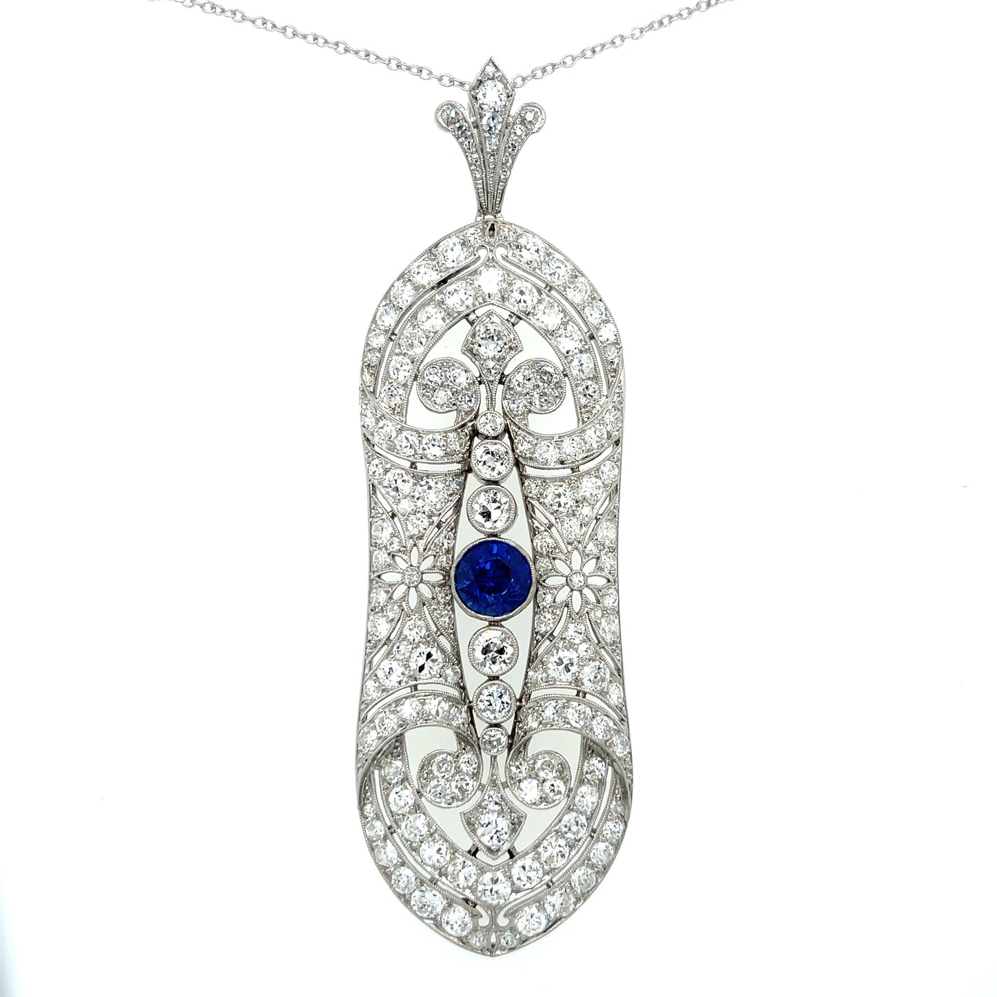French Art Deco (Circa 1920s) 1.69ct Sapphire 7ct Old European Cut Diamonds Platinum Antique Pendant