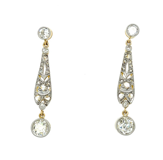 Edwardian (Circa 1900s) 1ct Old Mine Cut Diamonds (Two Stones) .76ct Rose Cut and OEC Diamonds 18K Two Tone Antique Drop Earrings