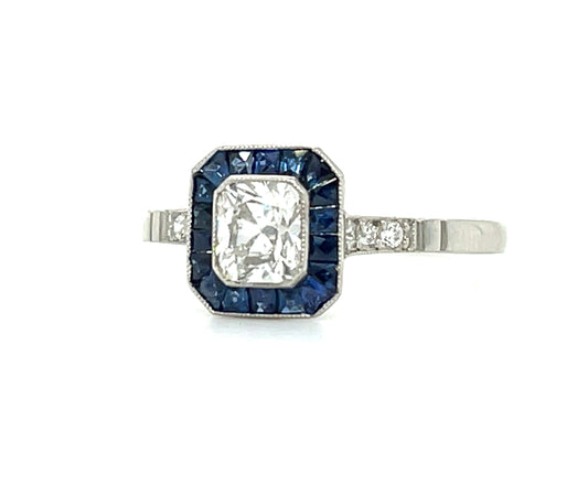 .55ct Radiant Cut Diamond .85ct Calibre set French cut Sapphires .10ct Diamonds Platinum Handmade Ring