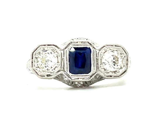 Art Deco (Circa 1920s) .57ct Blue Sapphire .42ct Old European cut Diamonds Platinum Antique Ring