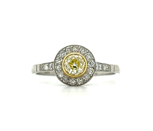 .48ct Fancy Yellow Old Mine Cut Diamond .26ct SD Platinum Modern Handmade Ring