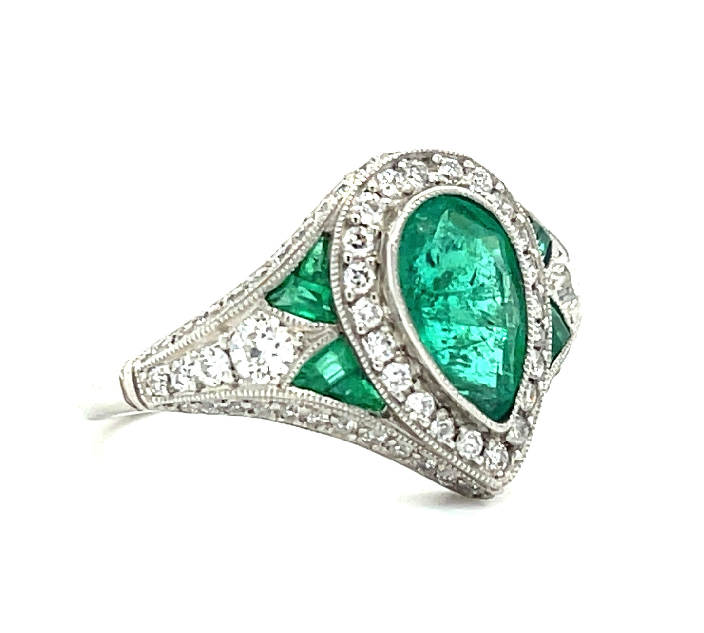 1.15ct Pear Shaped Emerald 1.10ct SD Handmade Platinum Ring