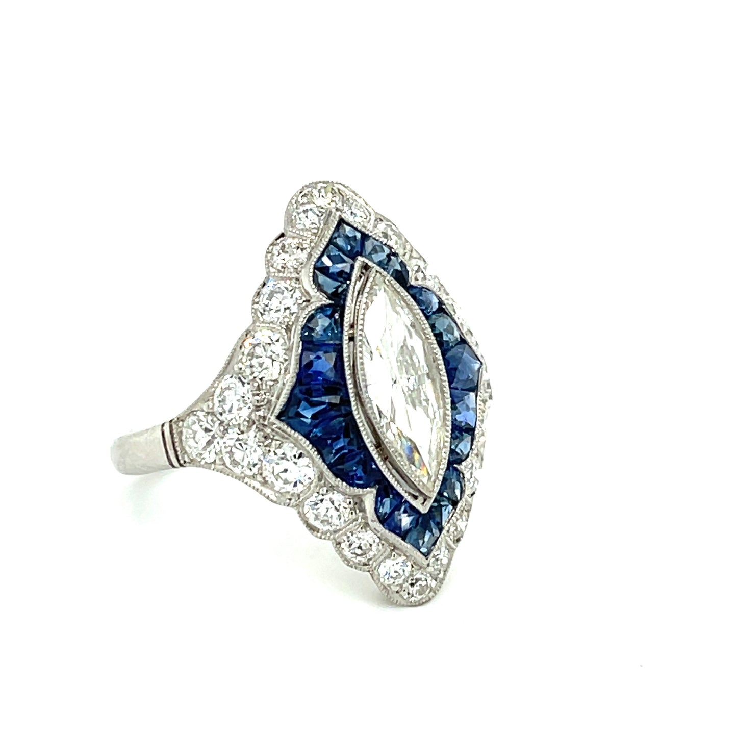 1.01ct Marquise Diamond 1.50ct Calibre Set French Cut Sapphires 1.40ct SD Platinum Handmade Ring