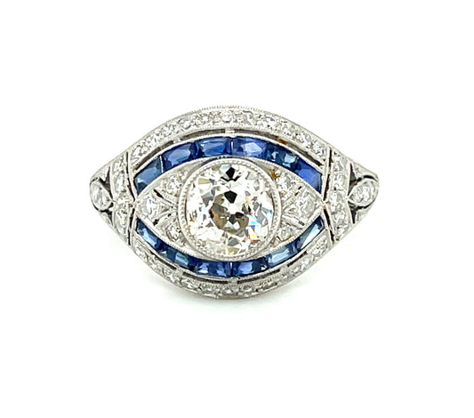 1.11ct Old Mine Cut Diamond 1.20ct Calibre French Cut Sapphires .90ct SD Platinum Handmade Ring
