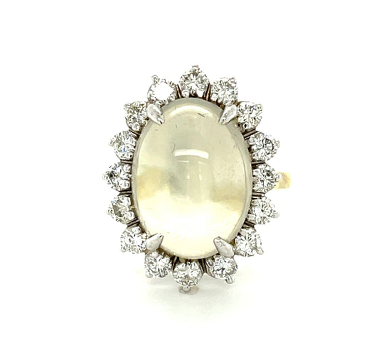 9.06ct Moonstone 1.60ct Diamonds 18KY Two Tone Vintage Ring (Circa 1960s)