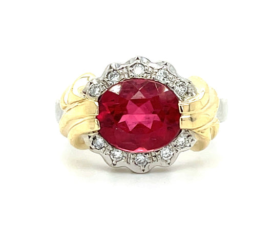 2.38ct Rubellite Tourmaline .30ct Diamonds 18K Two Tone Estate Ring (Circa 1980s)