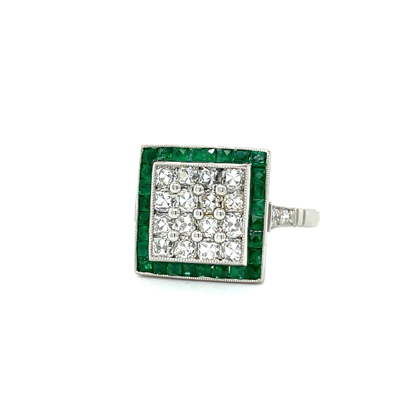 1.20ct Antique Cushion Diamonds 1.10ct French cut Calibre set Emeralds Platinum Handmade Ring