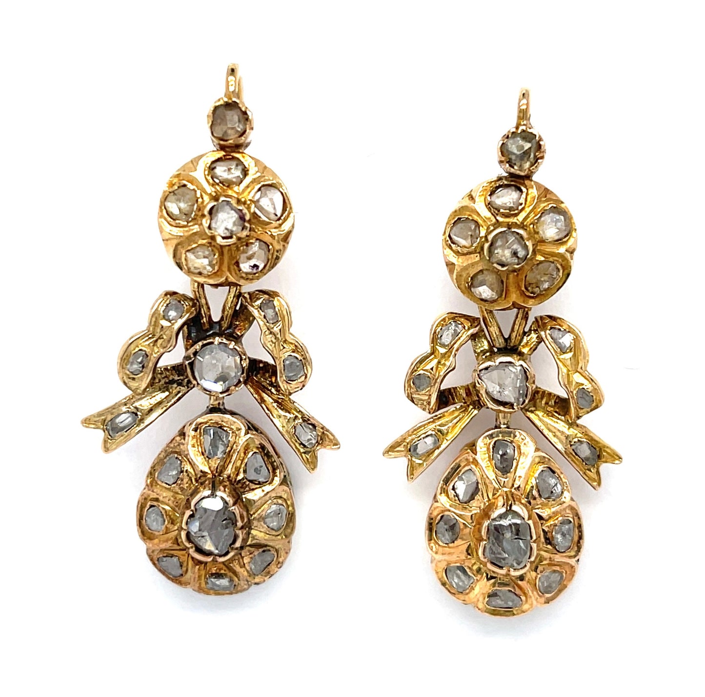 Victorian (Circa 1880s) 2.50ct Rose Cut Diamonds 14KY Antique Drop Earrings