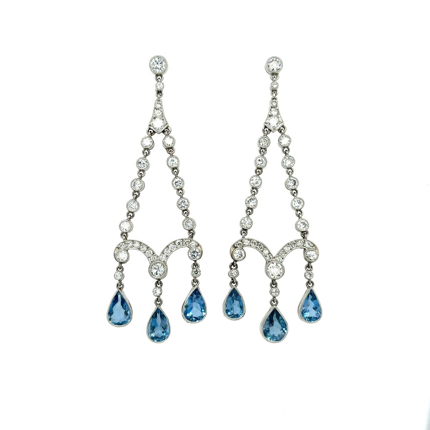 3.25ct Pear Shaped Aquamarines 2.36ct Diamond Platinum Chandelier Earrings