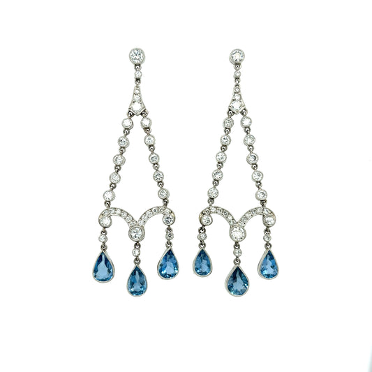 3.25ct Pear Shaped Aquamarines 2.36ct Diamond Platinum Chandelier Earrings