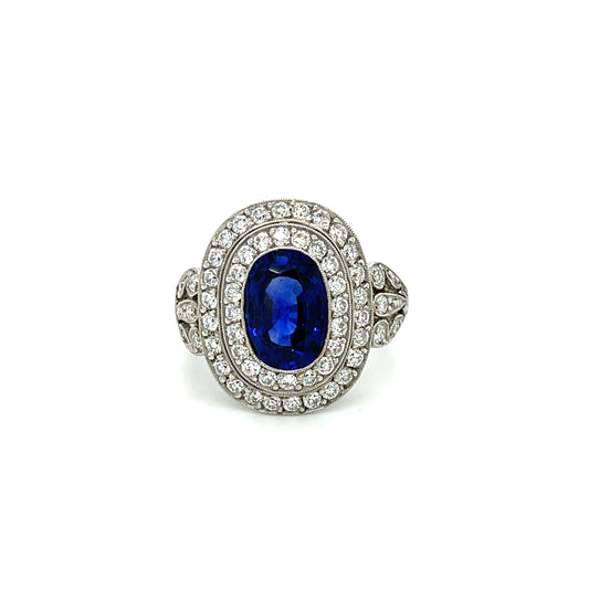 2.64ct GIA Sri Lanka Heated Blue Oval Sapphire 1ct Old European Cut Diamonds (60 Stones) Platinum Handmade Ring