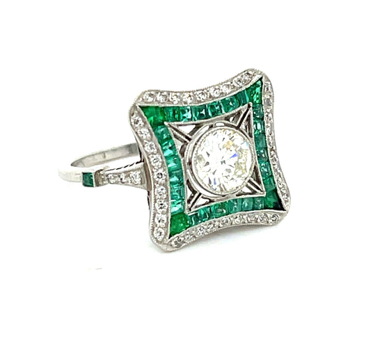 .72ct Round Brilliant Diamond .90ct Calibre Emeralds .66ct SD Platinum Handmade Ring