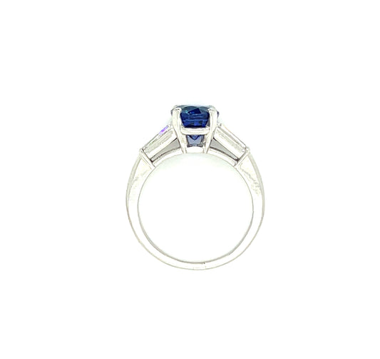 2.21ct Blue Sapphire Round .34ct Tapered Baguette Diamonds Platinum Estate Ring
