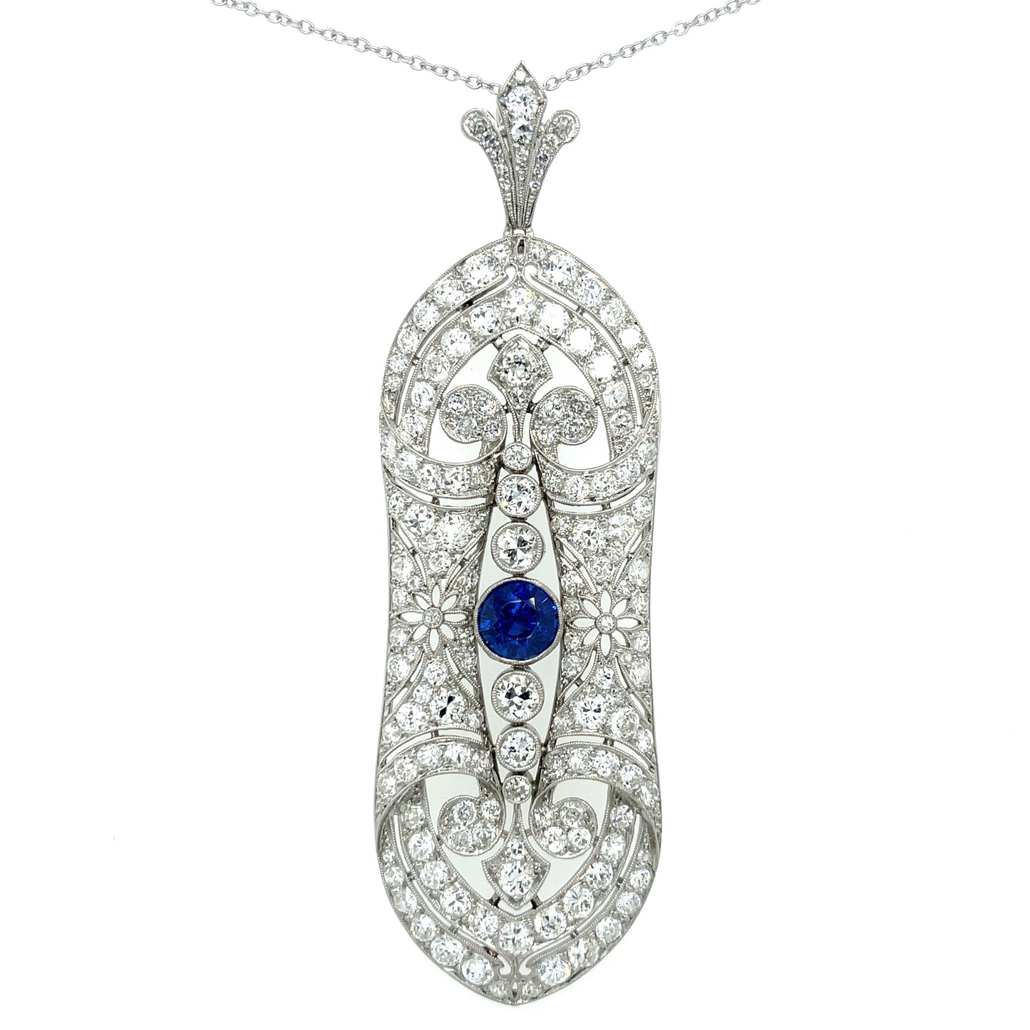 French Art Deco (Circa 1920s) 1.69ct Sapphire 7ct Old European Cut Diamonds Platinum Antique Pendant