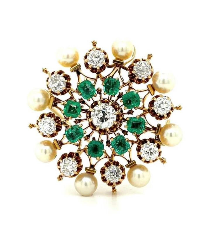 Victorian (Circa 1880s) 1.50ct Old European Cut Diamonds 1ct Emeralds & Natural Pearl 14KY Antique Pendant/Necklace