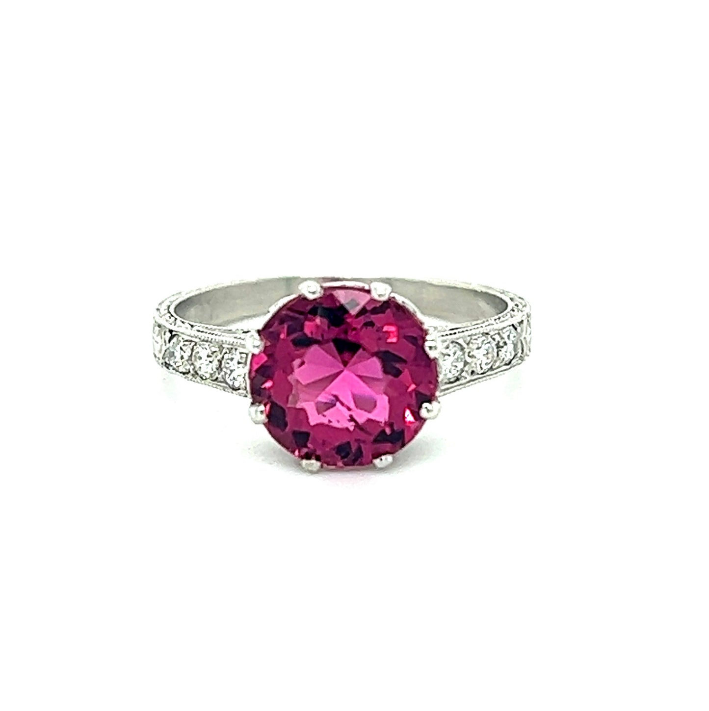 2.5ct Pink Tourmaline & 0.20ctw Diamond Platinum Hand Engraved Ring